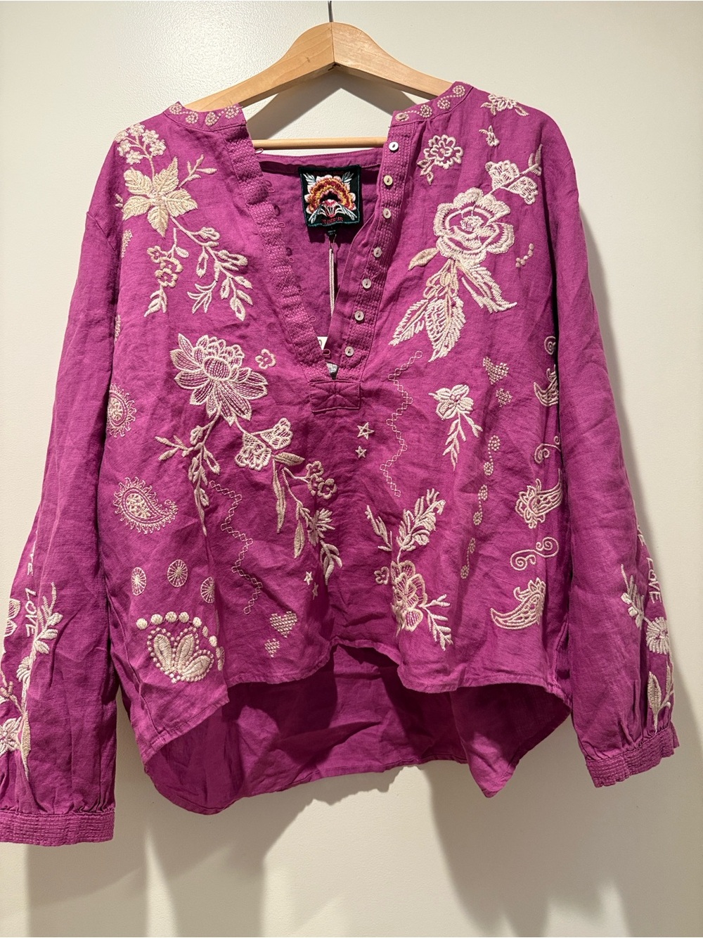 Johnny Was Fuchsia Embroidered Floral Henley Tunic - Picture 2 of 8